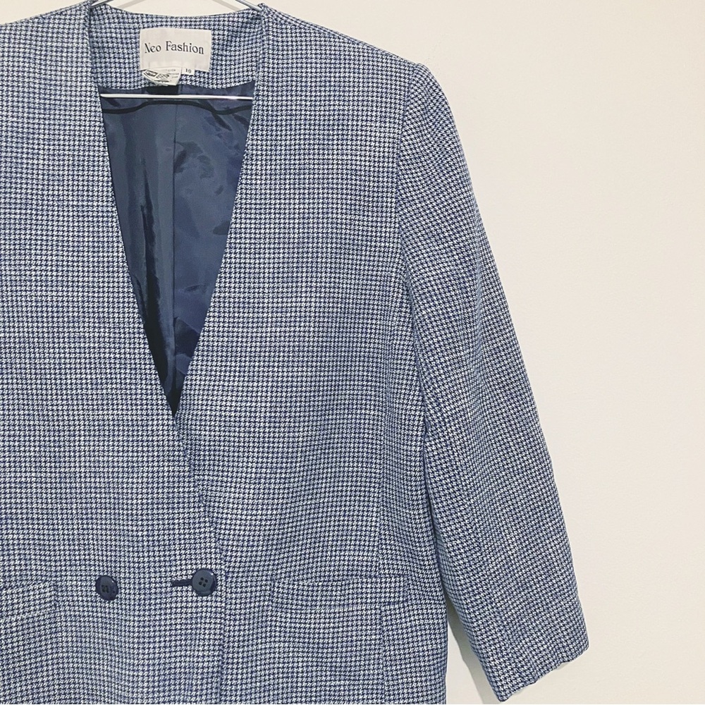 Vintage • Oversized Micro Houndstooth Double Button Blazer in Blue